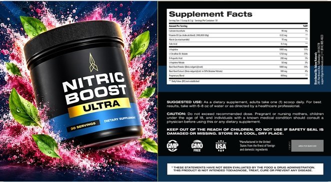 Nitric Boost Ultra supplement facts label with ingredients and serving size